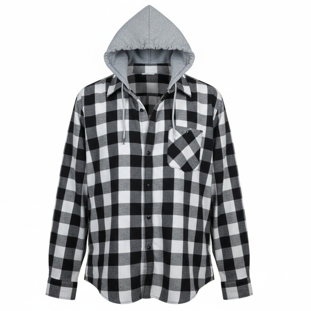 Unbranded Buffalo Plaid Hooded Flannel Shirt Mens 2XL Black White Check